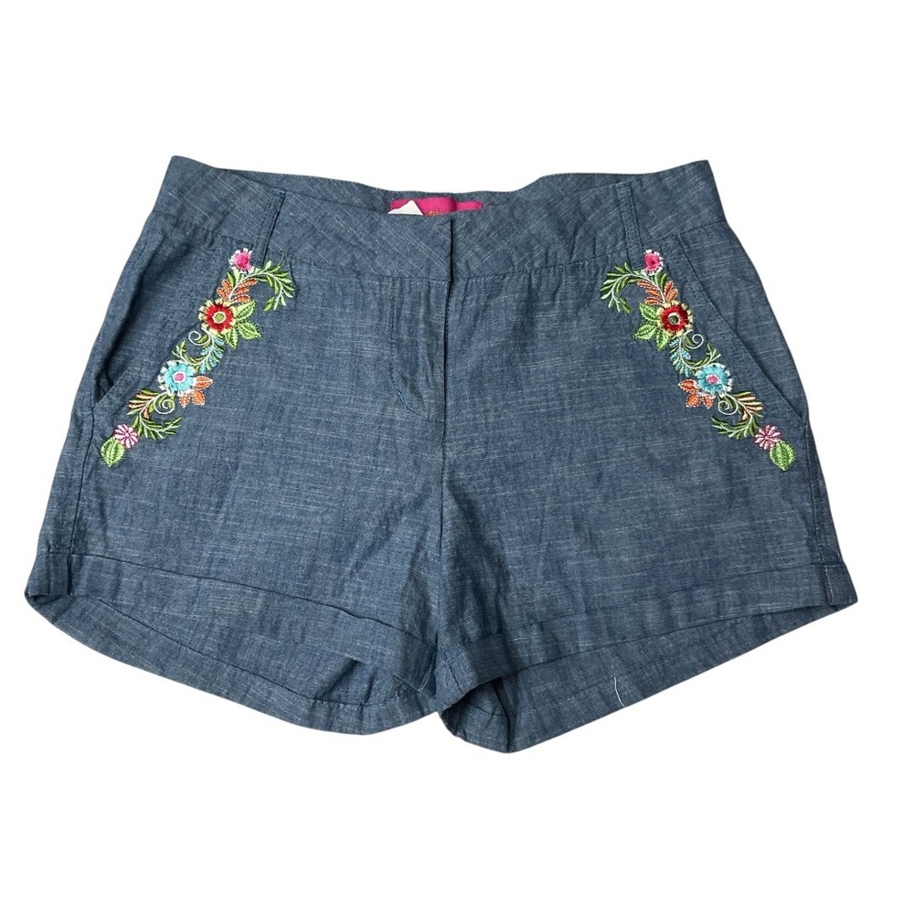 Macbeth Collection Flower Embroidered 100% Cotton High Rise Shorts Blue Sz S NWT